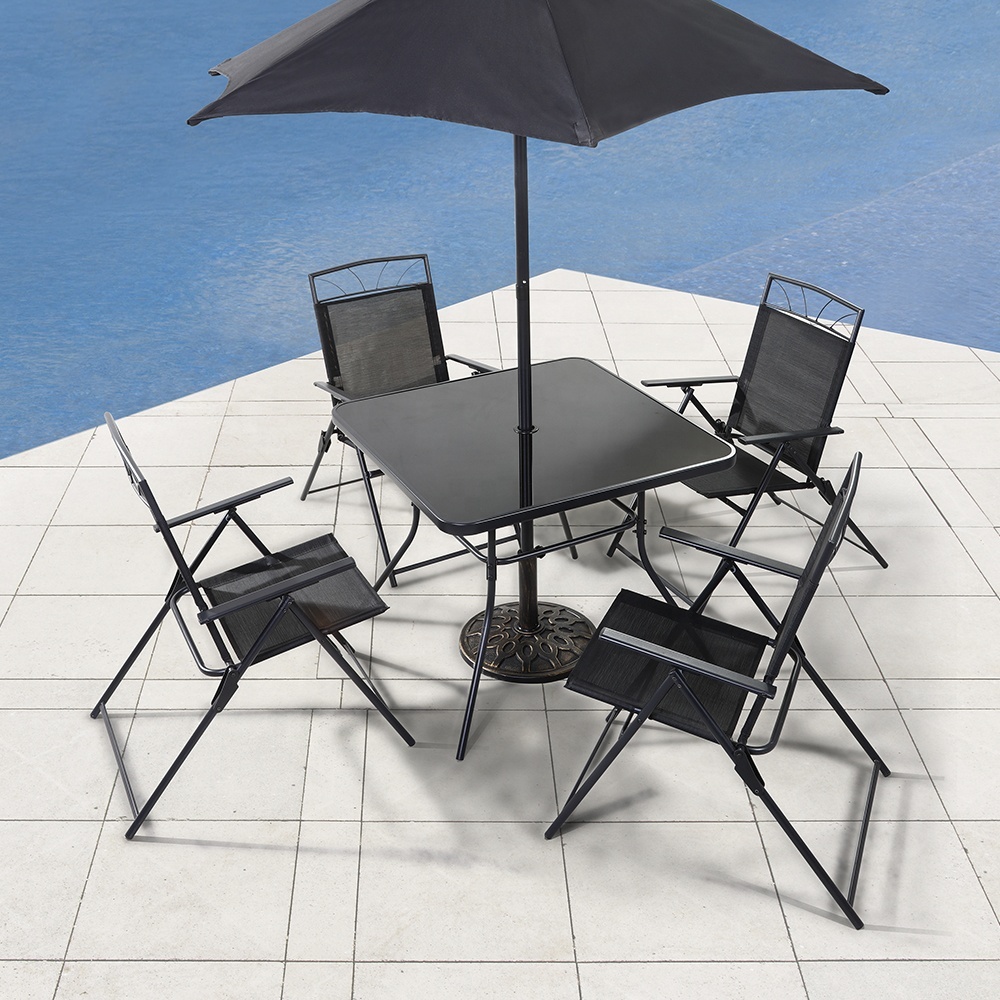 Muebles de Jardín Blanco incluye Metal mesa de Patio con paraguas agujero y 4pcs plegable sillas de jardín blanco