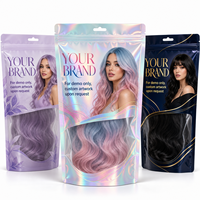 Sacs à perruques transparents holographiques brillants avec logo personnalisé, fermeture éclair refermable, pochette d'emballage pour perruques, impression en gravure, sacs pour extensions de cheveux OEM
