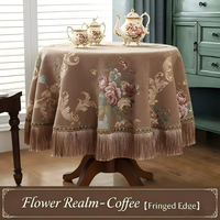Nappe Ronde Européenne Classique de Luxe à Motifs Floraux 3D en Jacquard Imperméable en Polyester avec Pompons pour Tables à Manger et Tables Basses