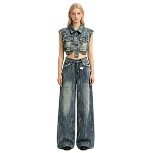 Vintage Washed Streetwear Set with Frayed Details Outfit <strong>Cropped</strong> Sleeveless Vest &amp; Wide Leg Jeans Womens Denim 2-Piece - Product Image 1