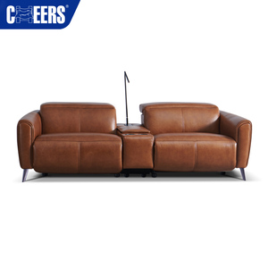 MANWAH CHEERS Canapé deux places inclinable électrique moderne en cuir véritable marron avec appuie-tête réglable en métal, lampe de lecture et port de charge USB - Product Image 1