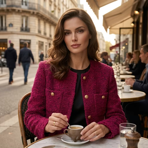 <span class=keywords><strong>Giacca</strong></span> in Tweed <span class=keywords><strong>Rosa</strong></span> <span class=keywords><strong>Fucsia</strong></span> Lussuosa da Donna, Blazer Pesante in Bouclé Magenta con Bottoni Dorati, Elegante Collo Rotondo - Product Image 1