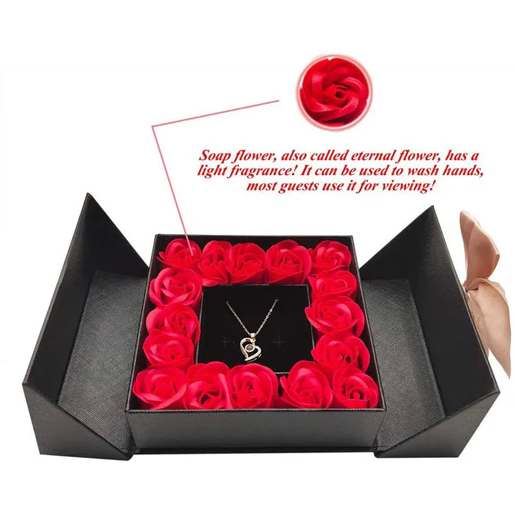 Custom Luxury Paper Gift Box Black Flower Real Rose Box with Jewelry Double Door With Drawer Flower Gifts Box