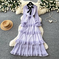 Robe longue à manches longues pour femme, coupe trapèze, taille empire, style vintage, motif à pois, avec nœud, design multicouche à volants, style 'French Sweet Cake Skirt', pour l'automne