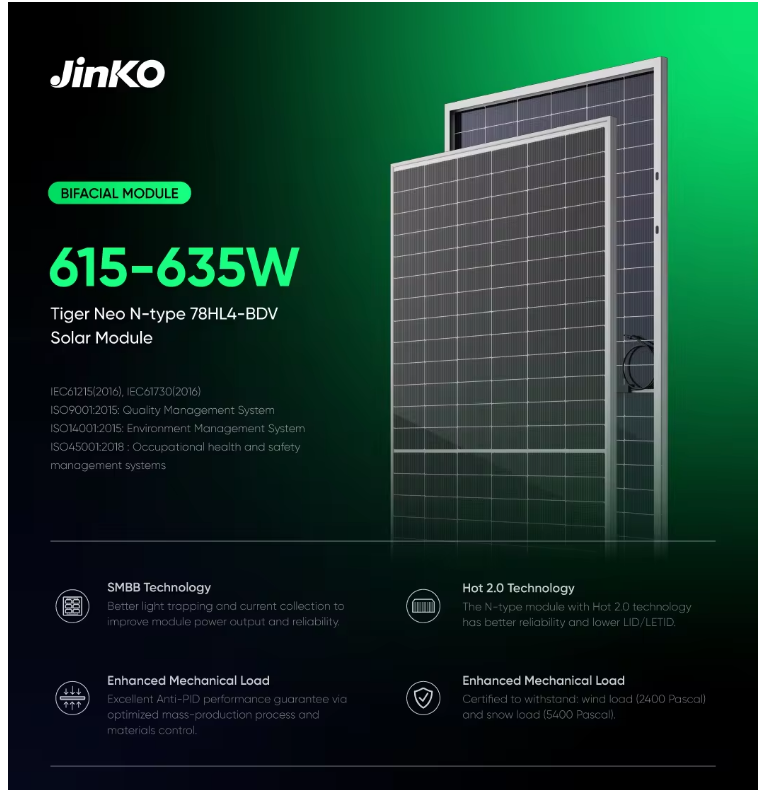Jinko Mono Solar Panels N Type 625W 630W 635W 640W 645W 650W Tiger Neo ...
