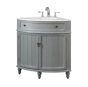Meuble-lavabo d'angle gris moderne de 24 pouces en verre ignifuge avec dessus en pierre naturelle et quartz artificiel et lavabo en céramique - Product Image 1