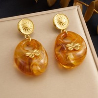 12 Model Anting Gantung Resin Amber Geometris Hati Pita Bunga Trendi Berkualitas Tinggi, Perhiasan Baja Anti Karat