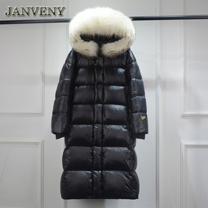 JANVENY 2023 Nouvelle veste d'hiver <span class=keywords><strong>brillante</strong></span> pour <span class=keywords><strong>femme</strong></span>, longue, rembourrée, avec grande <span class=keywords><strong>capuche</strong></span> en <span class=keywords><strong>fourrure</strong></span> de raton laveur naturelle, 90% duvet de canard, manteau brillant - Product Image 4