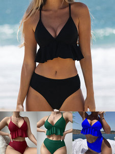 Ensemble bikini deux pièces noir pour femme, haut croisé à volants et bas taille haute, maillot de bain - Product Image 6