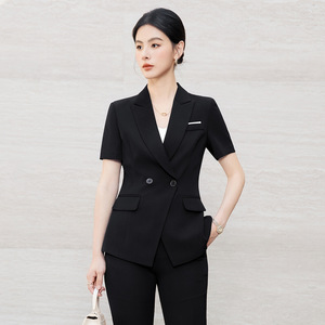Women's Summer Short Sleeve Business Suit Professional Workwear For Office Commuting Gray Navy Set - Product Image 2