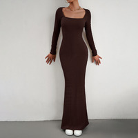 Hochwertige Mode Damen Herbst Square Neck Frauen Solid Rüschen Bodycon Kleid Sexy Langarm Strick Slim Kleid