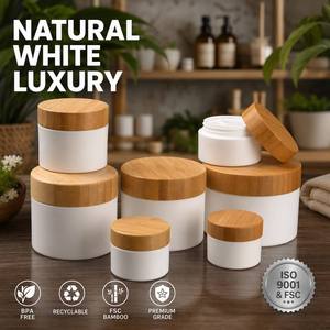 Tarro de <span class=keywords><strong>Crema</strong></span> Cosmética de PP Blanco Personalizado con Tapa de Bambú 10g-250g, Envase Ecológico y Sostenible para el Cuidado de la Piel, Venta al Por Mayor - Product Image 1