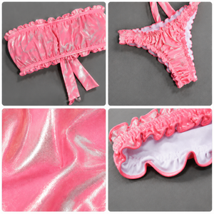 Ensemble bikini 2 pièces pour femme, couleur unie, haut bandeau à volants, bas string, en spandex et nylon extensible, maillot de bain, vêtements de plage - Product Image 3