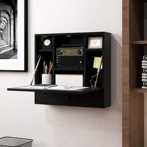 โต๊ะไม้ผนังพับได้สีดำพร้อมชั้นลิ้นชักเก็บของพับลงติดผนังโต๊ะวางแล็ปท็อปมุมแบบลอยตัวสำหรับพื้นที่ขนาดเล็ก - Product Image 2
