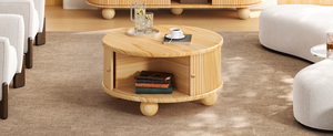 Modern Durable Round Fluted Coffee Table with Storage Pine <b>Solid</b> <b>Wood</b> Sliding Door Living Room Furniture - Product Image 6