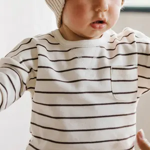 High Quality 100% Organic Cotton Boys Long Sleeve Striped T-shirt For Simple Casual Clothing