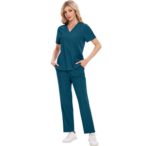 Ensemble de gommages médicaux en gros-Haut à manches courtes et pantalon droit à col en V | Service OEM unisexe pour uniformes hospitaliers/dentaires