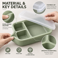 Boîte à lunch bento en silicone personnalisée à trois compartiments, corps moulé, couvercle transparent, boîte à lunch bento en silicone OEM pour la préparation des repas