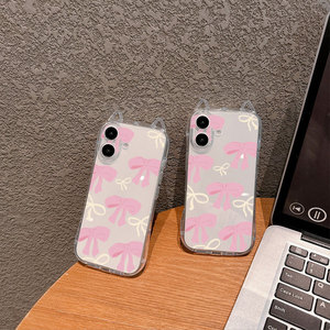<span class=keywords><strong>Cover</strong></span> per <span class=keywords><strong>iPhone</strong></span> 15 14 Plus 13 12 11 16 17 Pro Max con Fiocco Rosa <span class=keywords><strong>Trasparente</strong></span> e Orecchie da Gatto - Accessorio per Cellulare in Offerta - Product Image 2