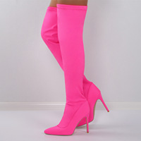 Bottes femme 2026 rose vif en tissu extensible, au-dessus du genou, sexy, ajustées, à bout pointu, talon aiguille ultra fin