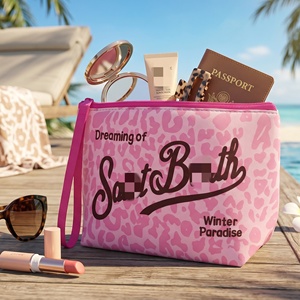 Borsa Cosmetica in Neoprene con Stampa Leopardata Rosa, Pochette da Polso per Ragazze, per Trucchi Quotidiani e Uso in Spiaggia e Viaggi - Product Image 1