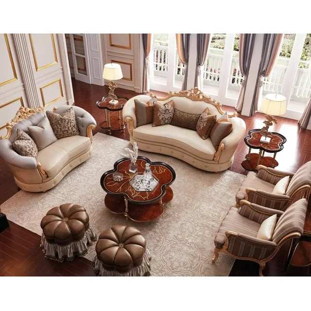 Elegant design living room furniture wood carved leather and fabric sofa set