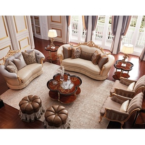 <span class=keywords><strong>Set</strong></span> di divani in pelle e tessuto intagliati in legno di design elegante - Product Image 1
