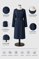 Robe Tunique Ceinturée à Col Rond et Manches Longues 260 GSM pour Femme, Longueur Genou, Idéale Bureau et Affaires, Opaque, Logo Personnalisé, OEM, Vente en Gros
