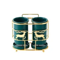 Set Keramik 2 Tempat Alat Makan Desain Kustom, Panci Penyimpan Peralatan Dapur Keramik dengan Rak Emas