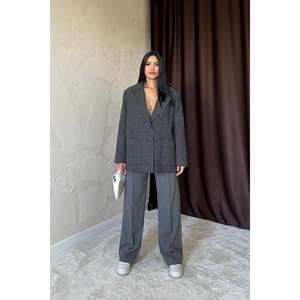 Pantalones anchos de antracita de cintura alta en tela de estambre para mujer - Product Image 3