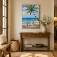 Peinture à l'huile sur toile de coucher de soleil sur la plage tropicale avec palmiers, art mural décoratif moderne de grande taille, fait main, original, pour la maison
