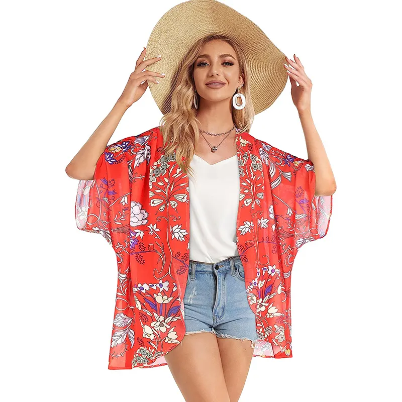 Hot sale Woman Shirt Top Floral Print Puff Sleeve Kimono Cardigan Loose Cover Up Casual Plus Size Women's Blouses