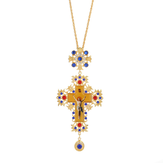 Hot Selling Alloy Gold Plated Orthodox Russian Pectoral Cross With Jesus Icon Necklace Cross Diamond Pendant Necklace