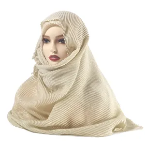 Rts Mode Islamitische Luxe Crinkle Voile Gouden Hijab Moslim Shimmer Sjaal Polyester Gebreide Hoofddoek Kwastje Voor Vrouwen Stijlvolle