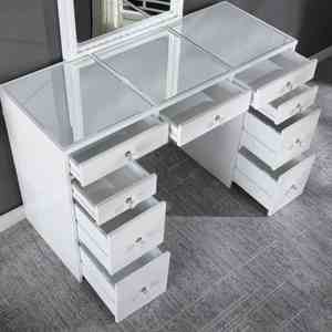 Modern Hotel <b>Vanity</b> Set 3mm Mirror LED <b>Lights</b> Storage Drawers Wooden Glides White Finish Stool Included Bedroom Furniture - Product Image 2