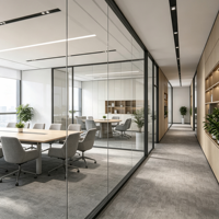 Conception de la disposition intérieure du bureau à partir d'un plan de mobilier, les zones incluent la réception, la salle de réunion, le salon et les bureaux privés