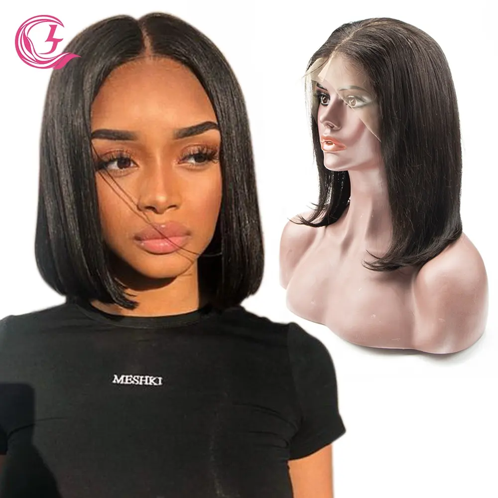 Brasil Siap untuk Kapal Perawan Rambut Manusia Ganda Ditarik Memotong Pinggiran Tanpa Glueless Tanpa Transparan Alami Lurus Bob Lace Front Wig