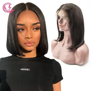 Brazilian Ready To Ship Virgin Human Hair Double Drawn Cut Fringe Glueless Transparent Natural Straight Bob Lace Front Wig