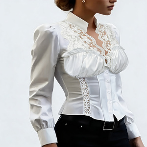Oferta especial en Temu: Blusa blanca elegante de encaje para mujer, con cuello alto, mangas abullonadas, corte ajustado, ideal para fiestas. - Product Image 2