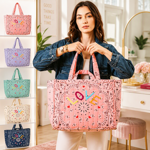 Borsa Tote Trapuntata Paisley Grande Capacità in Cotone con Ricamo Colorato a Cuore e Patchwork, Borsa a Spalla per Viaggi - Product Image 1