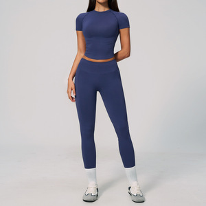 Set Yoga da Donna Senza Cuciture con Collo Tondo e Maniche Corte, Controllo Pancia, Asciugatura Rapida, Alta Elasticità, Vestibilità Slim, <span class=keywords><strong>2</strong></span> Pezzi per Palestra e Fitness all'Aperto - Product Image 3
