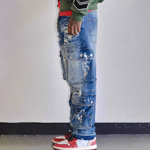 Jeans en denim personnalisés YUCE, faible MOQ, multi-poches, coupe droite, pantalon <span class=keywords><strong>cargo</strong></span> en denim, <span class=keywords><strong>Y2K</strong></span>, hip-hop, jeans pour hommes déchirés - Product Image 4