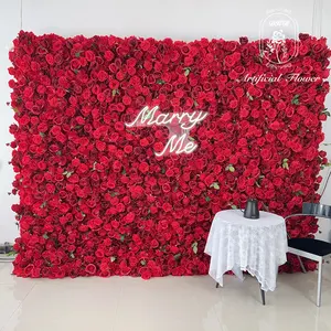 Customized Wedding Decoration Roll Up 5d Fabric Flower Wall Backdrop Artificial Silk Red Rose Flower Wall