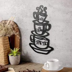 3 조각 카페 테마 컵 머그잔 스크롤 실루엣 벽 장식 기호 블랙 커피 컵 실루엣 금속 벽 예술