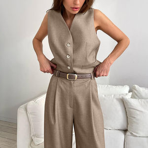 Enyami Minimalistische Kantoor Casual Coördinatiepakken V-hals Knoopvest Hoge Taille Wijde Pijpen Broekpakken 2-delige Sets Dames - Product Image 1