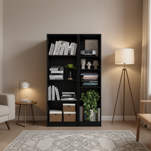 Zachary <b>Black</b> Slim <b>Bookcase</b> Set 2-Piece Modern Cubby Shelf Living Room Furniture Freestanding MDF Home Storage - Product Image 2