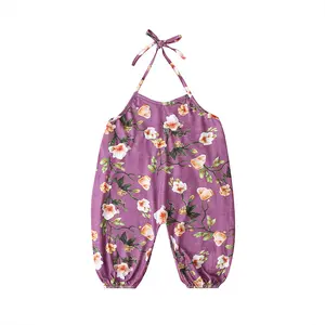 Macacão infantil roxo de renda e estampa, calças compridas para bebês meninas, verão, 2020