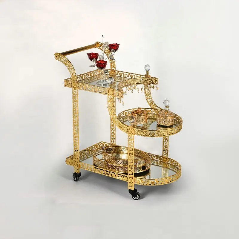 Chariot de bonbons à 4 roues en métal doré, meubles en verre miroir de haute qualité personnalisés à 3 niveaux avec cristal