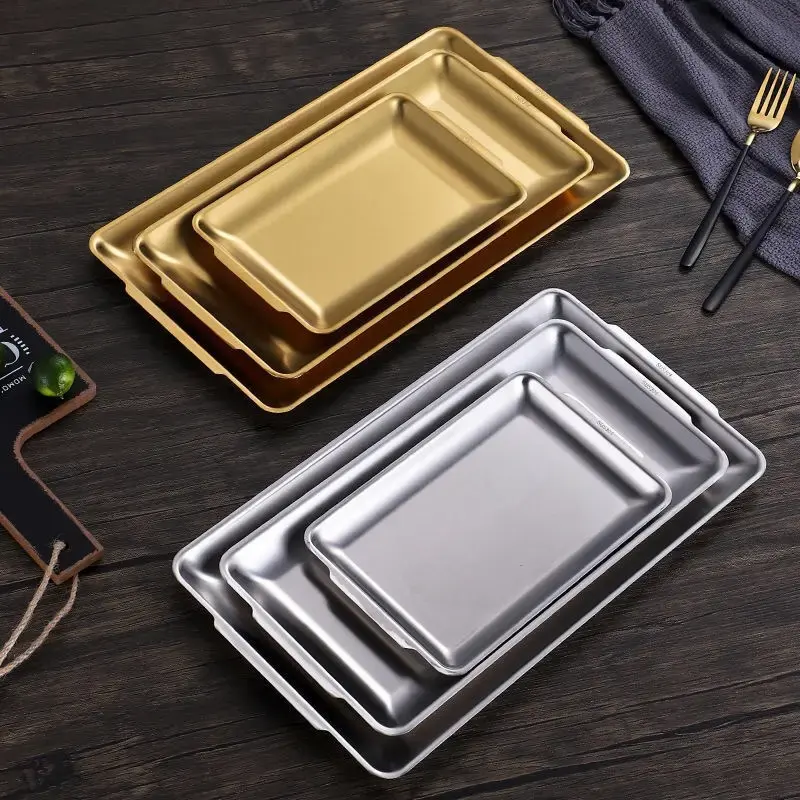 Wholesale Custom Logo Korean Square Gold Silver 304 Stainless Steel Multi-purpose Barbecue Plate Kitchenware