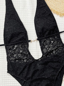 Custom Brand New Arrival Lady's 1-Piece Black Lace Swimwear Set <b>High</b> <b>Waist</b> Seamless Bikini Top & <b>Thongs</b> Bottoms - Product Image 3